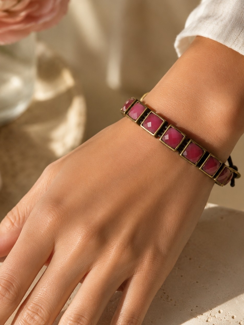Fossil Pink Glass Bracelet Boho Leather Wrap Brass Tone Y2K Adjustable